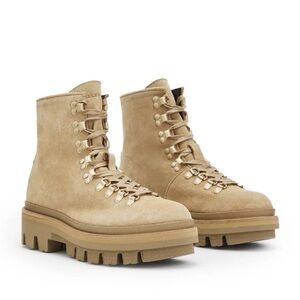New All Saints genuine leather shearling lug sole combat boot in sand color